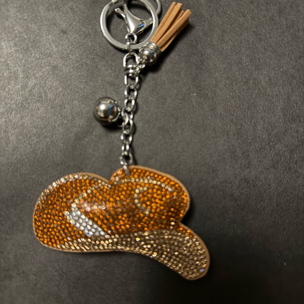 Mint Tan and Gold Crystal Cowboy Hat Keychain Charm with Tassel